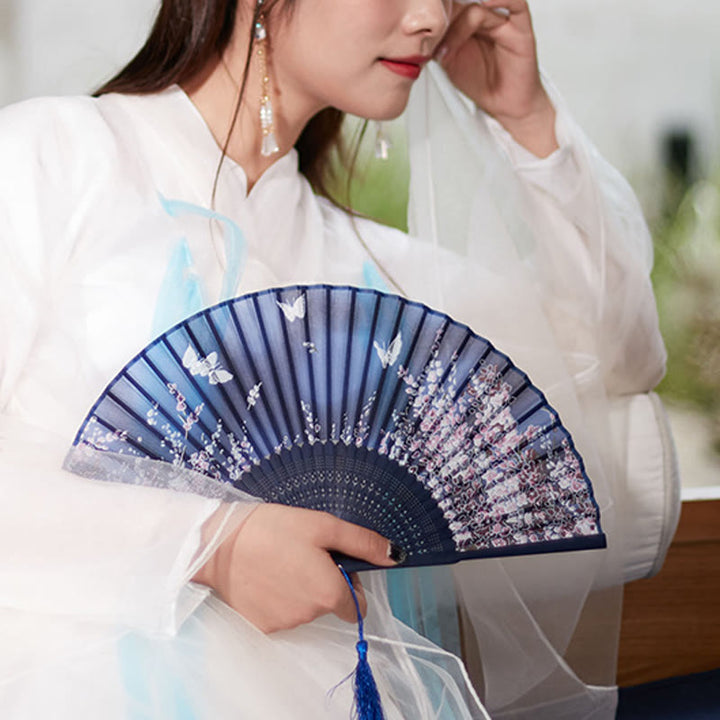Buddha Stones Butterfly Flowers Handheld Bamboo Folding Fan - image 3