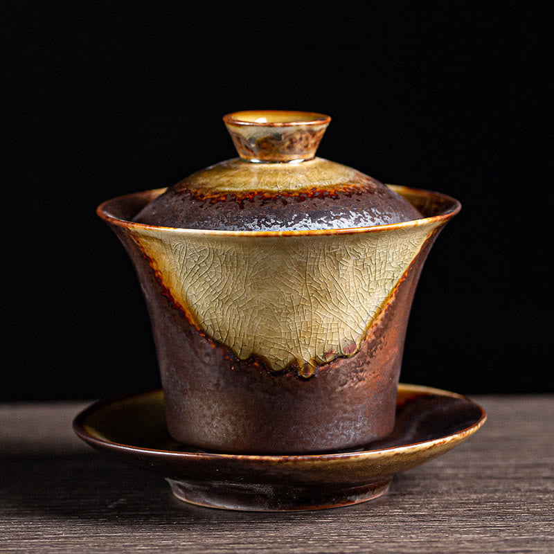 Buddha Stones Vintage Brown Kiln Change Design Porcelain Ceramic Gaiwan Sancai Teacup Kung Fu Tea Cup And Saucer With Lid - 10cm*10.5cm*200ml - image 0
