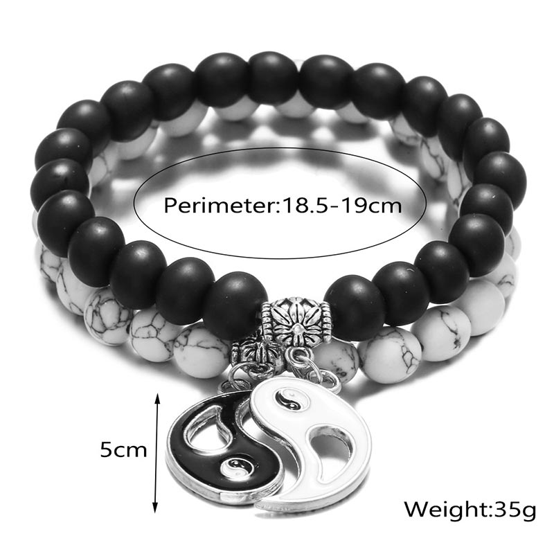 Buddha Stones 2pcs Natural Black Onyx White Turquoise Bead Yin Yang Couple Bracelet - image 7