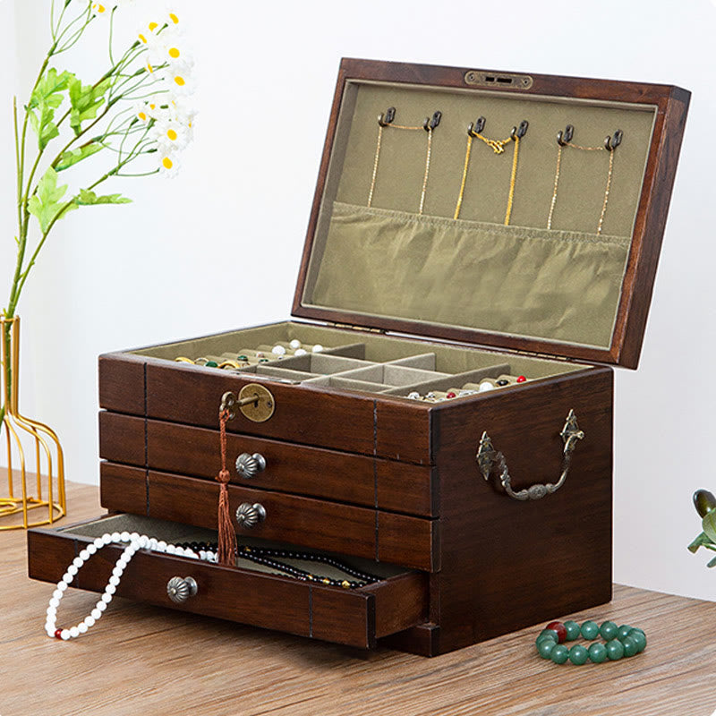Buddha Stones Retro Solid Wood Jewelry Box Four-Layer Wooden Jewelry Storage Box - image 8