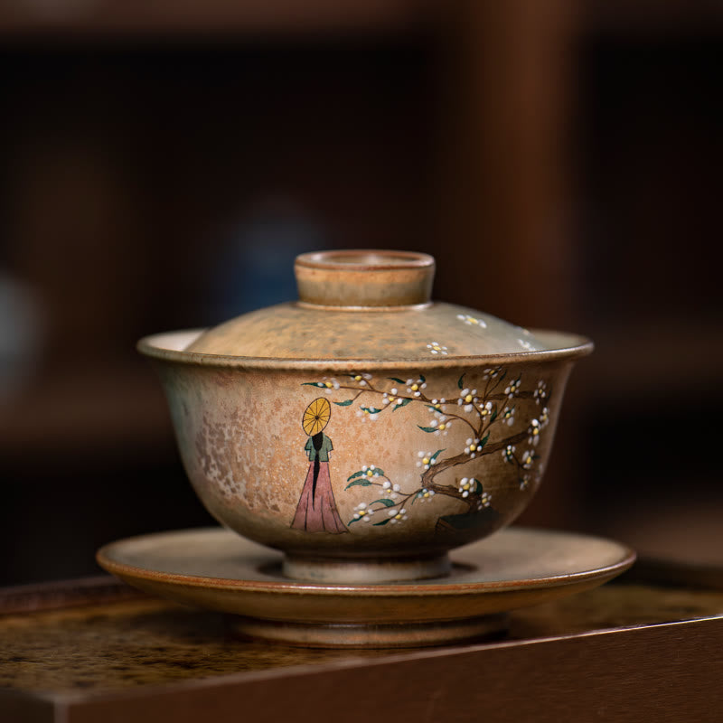 Buddha Stones Jingdezhen Hand Painted Ru Kiln Porcelain Hanfu Girl Flower Ceramic Gaiwan Sancai Teacup Kung Fu Tea Cup And Saucer With Lid - Hat Girl 10.2cm*8.5cm*150ml - image 0