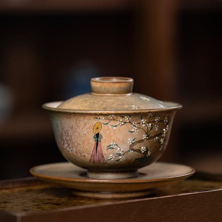 Buddha Stones Jingdezhen Hand Painted Ru Kiln Porcelain Hanfu Girl Flower Ceramic Gaiwan Sancai Teacup Kung Fu Tea Cup And Saucer With Lid - Hat Girl 10.2cm*8.5cm*150ml - image 0