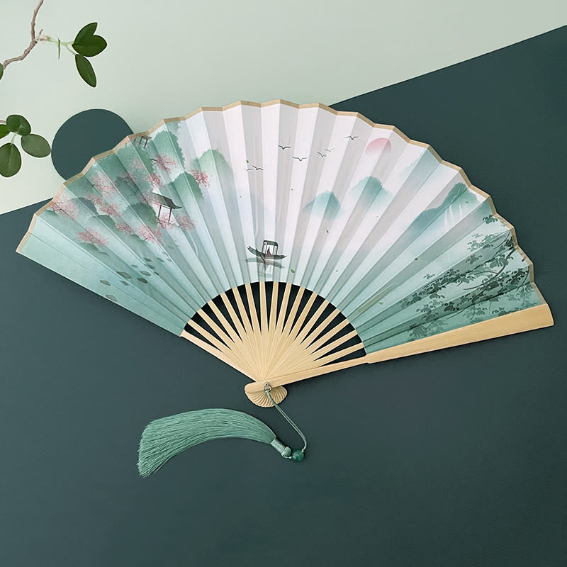 Buddha Stones Retro Lotus Flower Leaf Mountain Lake Handheld Folding Fan With Bamboo Frames - Boat Lake Landscape - Beige Bamboo Frames - image 15