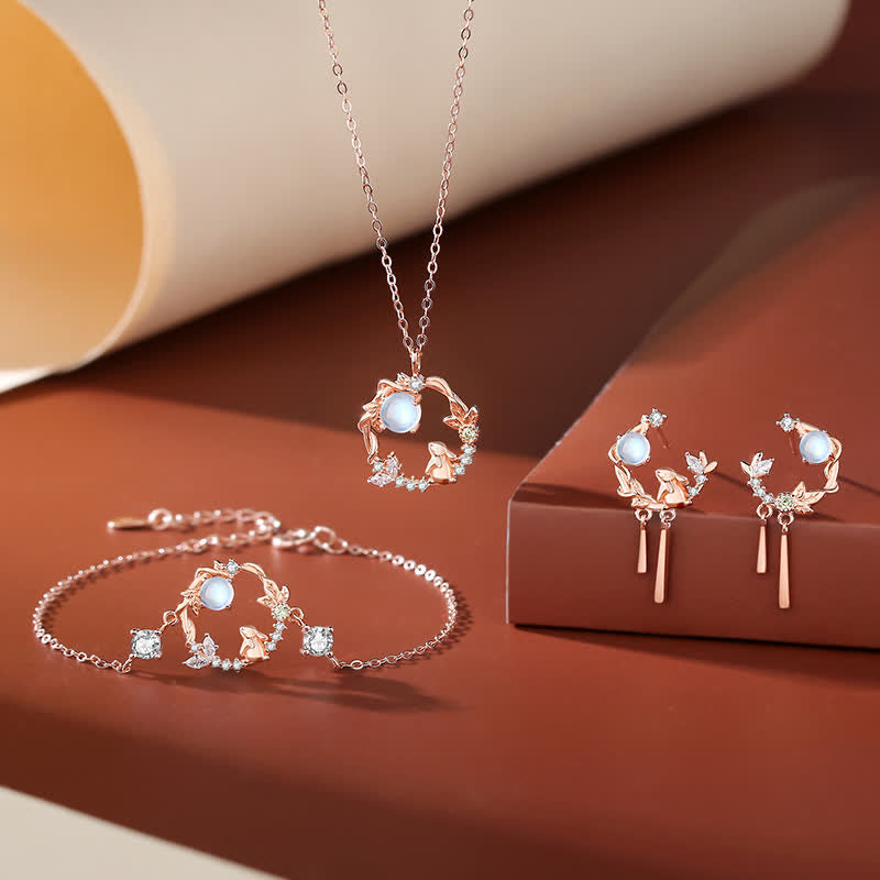 925 Sterling Silver Year of the Rabbit Moonstone Moon Flower Pattern Necklace Pendant Bracelet Earrings - image 2