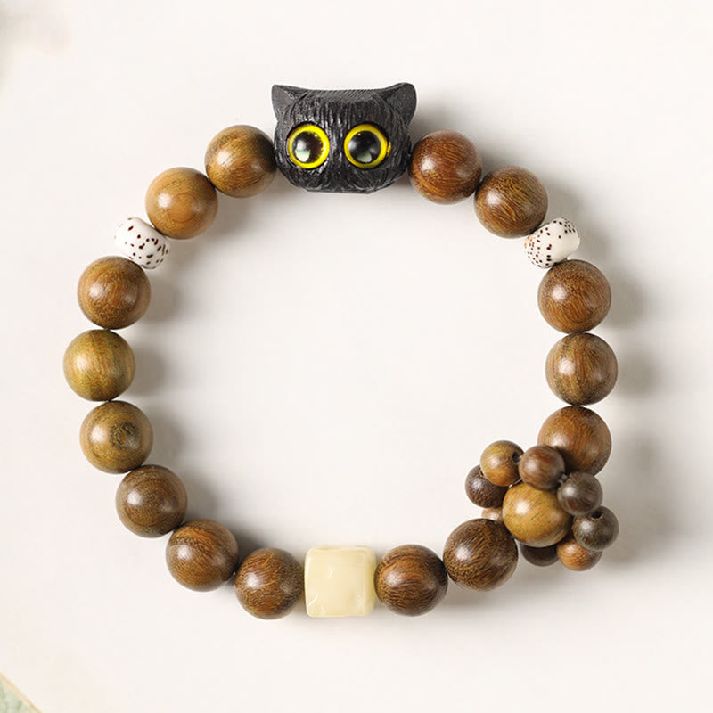 Buddha Stones Green Sandalwood Ebony Wood Cat Peace Soothing Bracelet - image 5