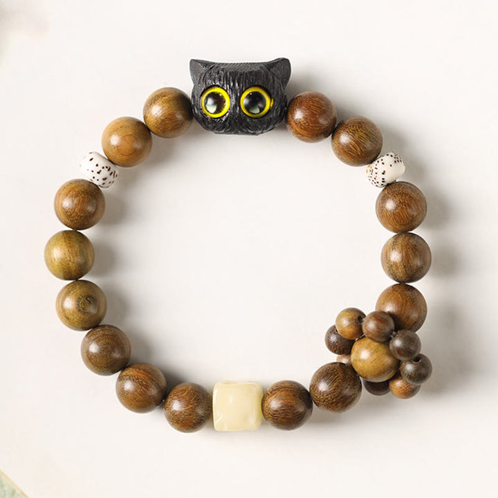 Buddha Stones Green Sandalwood Ebony Wood Cat Peace Soothing Bracelet - image 5