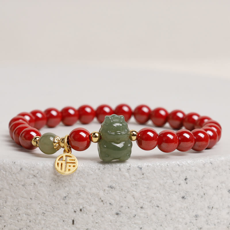 Buddha Stones 925 Sterling Silver Year of the Dragon Natural Cinnabar Hetian Jade Dragon Fu Character Ruyi As One Wishes Charm Blessing Bracelet - image 1