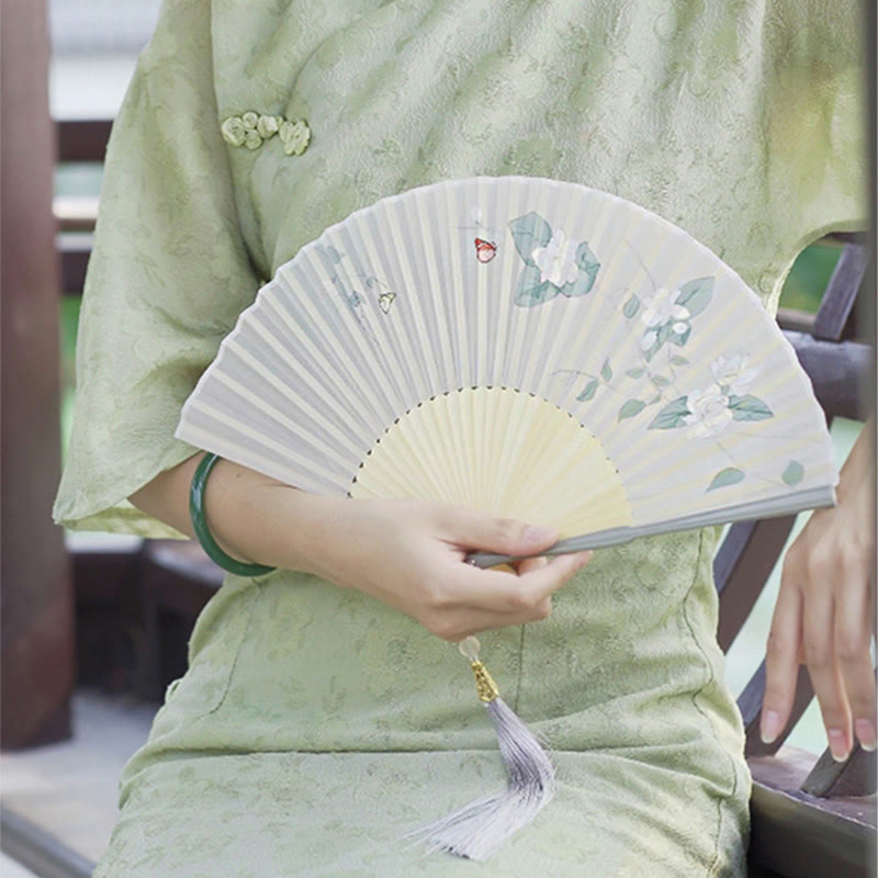 Buddha Stones Jasmine Flowers Handheld Bamboo Folding Fan - image 2