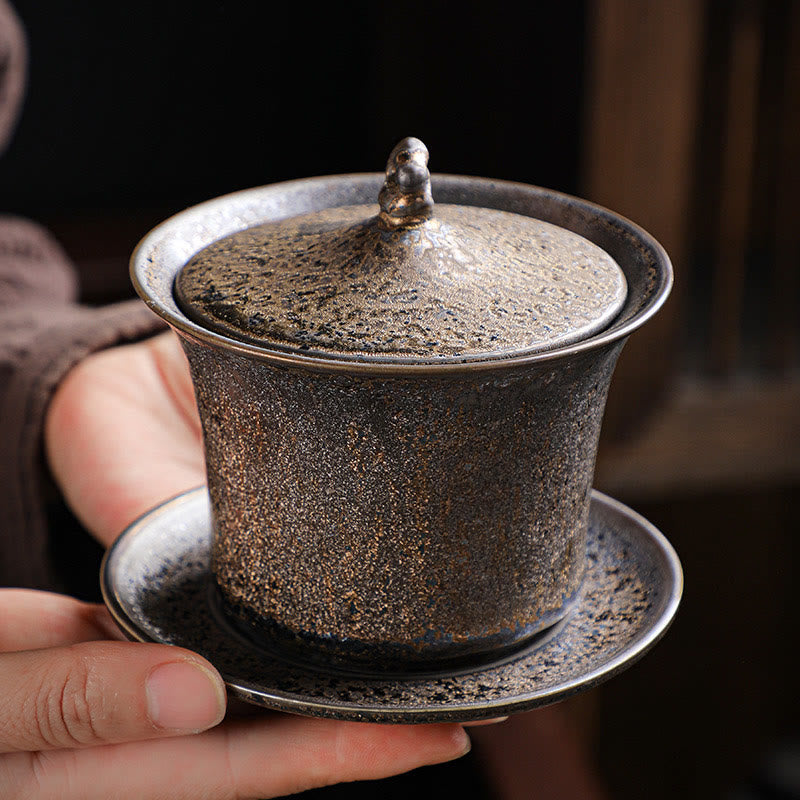 Buddha Stones Retro Rust Glaze Ceramic Gaiwan Sancai Teacup Kung Fu Tea Cup And Saucer With Lid - image 1
