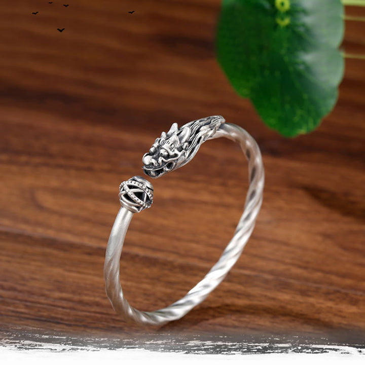 Buddha Stones 999 Sterling Silver Year of the Dragon Luck Strength Metal Cuff Bracelet Bangle - image 5