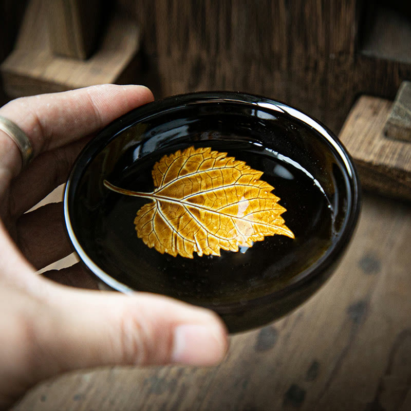 Buddha Stones Gold Maple Leaf Chinese Jianzhan Ceramic Teacup Tenmoku Kung Fu Tea Cup Bowl - image 9