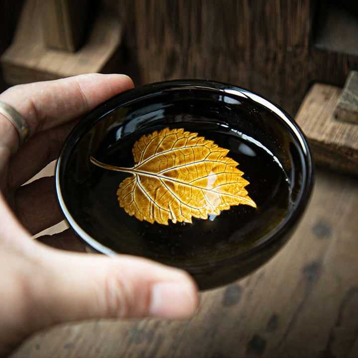 Buddha Stones Gold Maple Leaf Chinese Jianzhan Ceramic Teacup Tenmoku Kung Fu Tea Cup Bowl - image 9