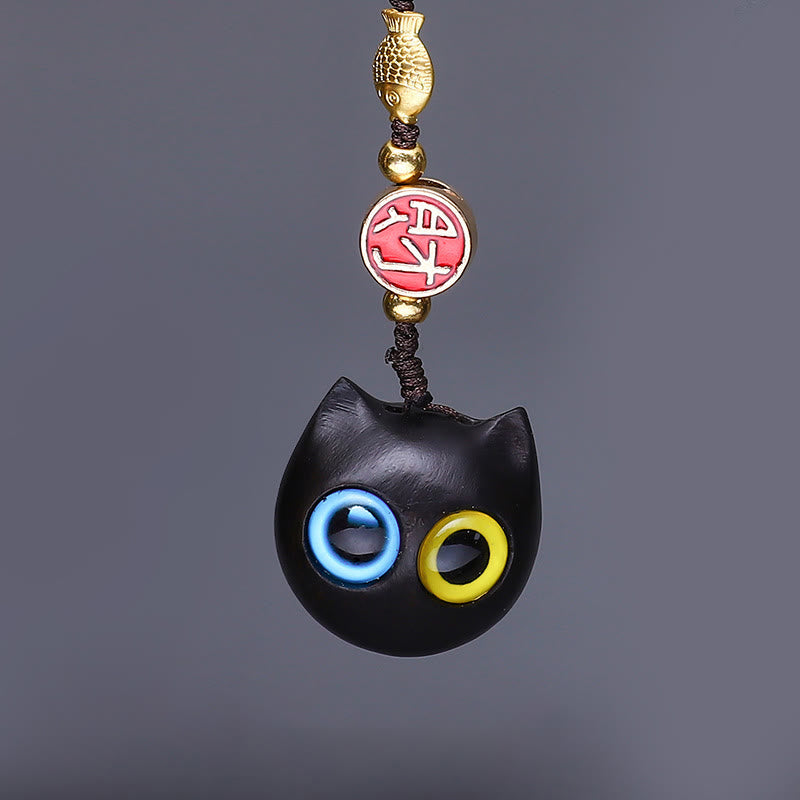 Buddha Stones Green Sandalwood Mini Cute Animal Rabbit Cat Deer Whale Prosperity Phone Hanging Decorations - Red Sandalwood Blue Yellow Eyes Cat - image 3