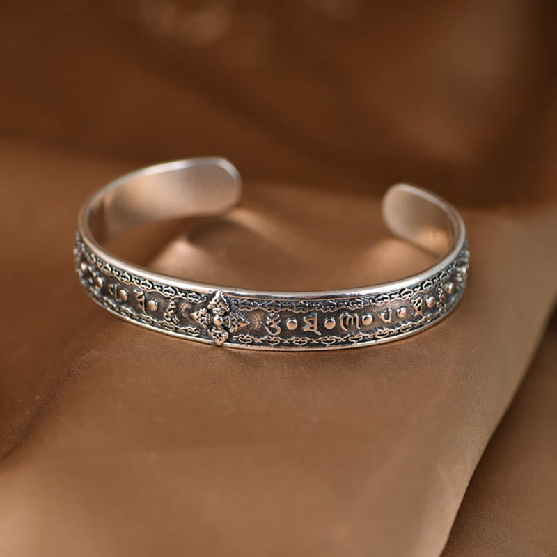 Buddha Stones 925 Sterling Silver Om Mani Padme Hum Double Dorje Engraved Wisdom Cuff Bracelet Bangle - Bracelet Inner Circumference 18.5cm - image 0