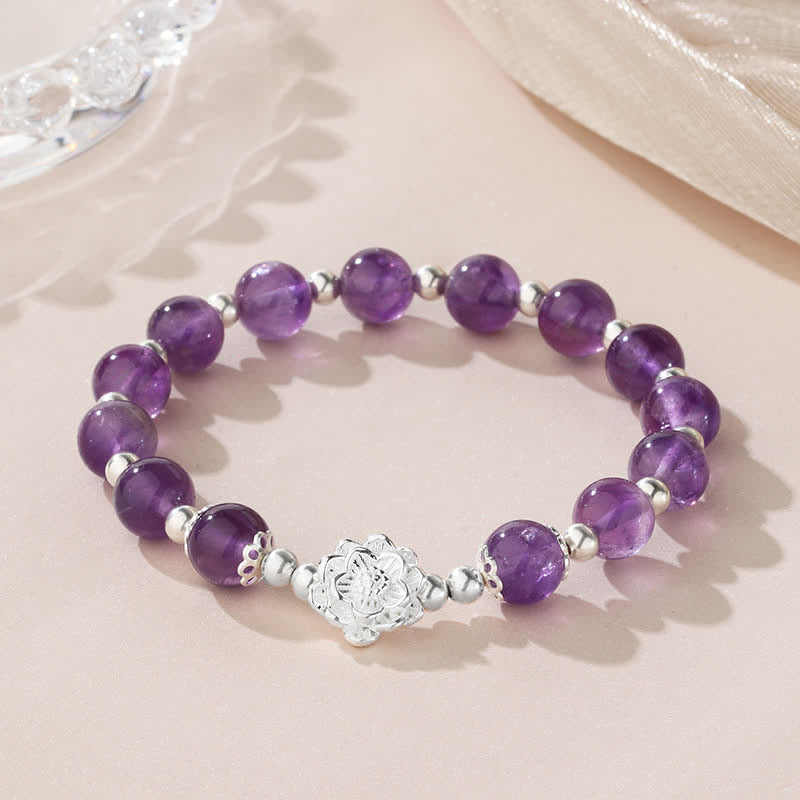 Buddha Stones 925 Sterling Silver Natural Amethyst Lotus Spiritual Bracelet - Amethyst - image 0