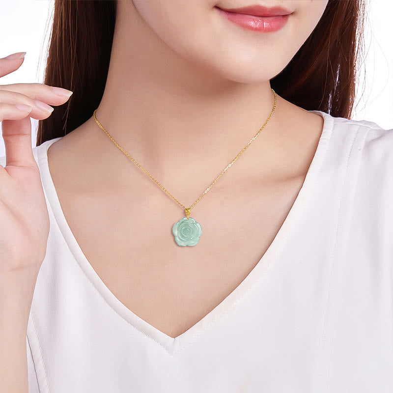 Buddha Stones 18K Gold 925 Sterling Silver Natural Jade Rose Luck Necklace Pendant - image 7