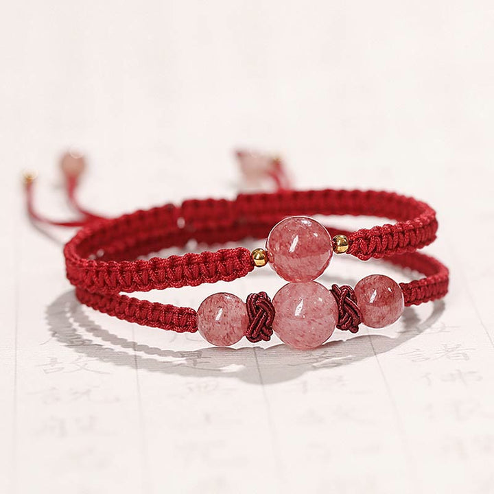 Buddha Stones Natural Strawberry Quartz Crystal Love Red String Weave Bracelet Anklet - image 0