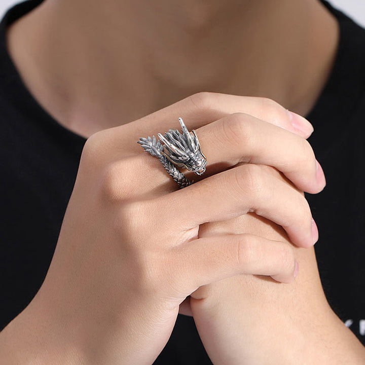 Buddha Stones 925 Sterling Silver Vintage Dragon Design Protection Strength Adjustable Ring - image 11