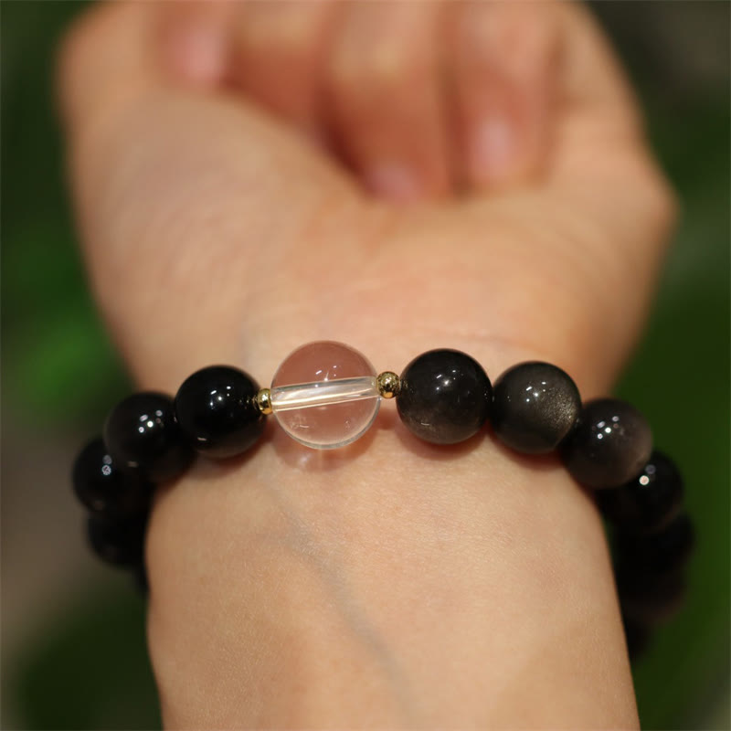Buddha Stones Natural Silver Sheen Obsidian Pink Crystal White Crystal Protection Yin Yang Color Couple Bracelet - 10mm Silver Sheen Obsidian&White Crystal - image 2