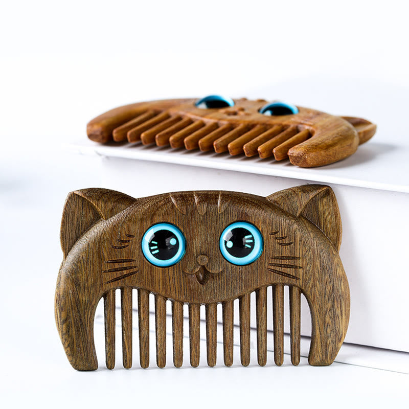 Buddha Stones Simple Cat Pattern Green Sandalwood Cure Portable Comb - image 4