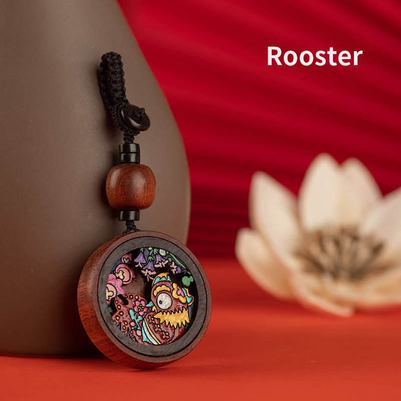 Buddha Stones Year Of The Dragon Hand Painted Chinese Zodiac Rosewood Carved Calm Key Chain - Rooster - image 19