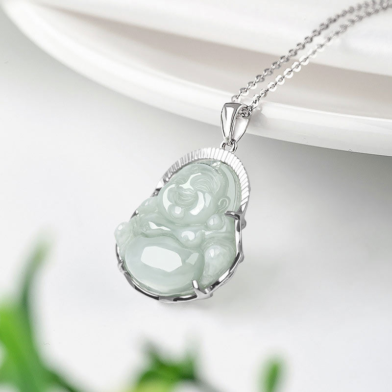 Buddha Stones Laughing Buddha Jade Luck Calm Titanium Steel Chain Necklace Pendant - image 4