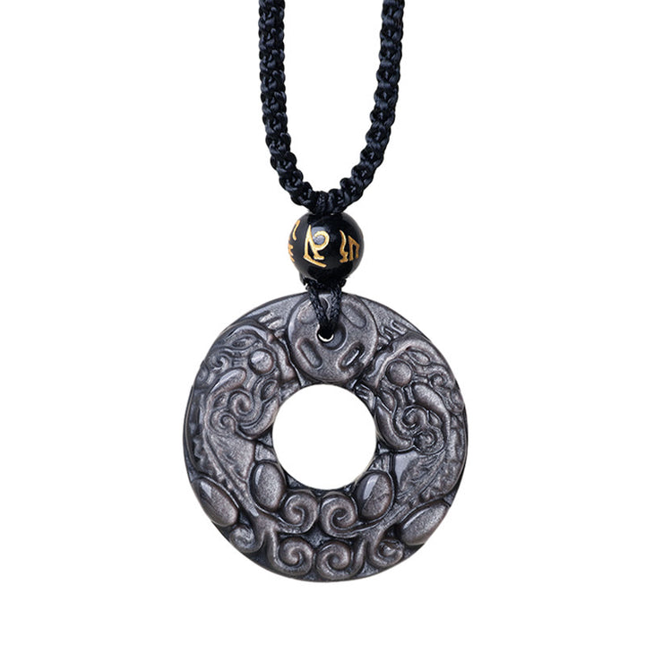 Buddha Stones Natural Silver Sheen Obsidian Double PiXiu Copper Coin Peace Buckle Protection Necklace Pendant - image 8