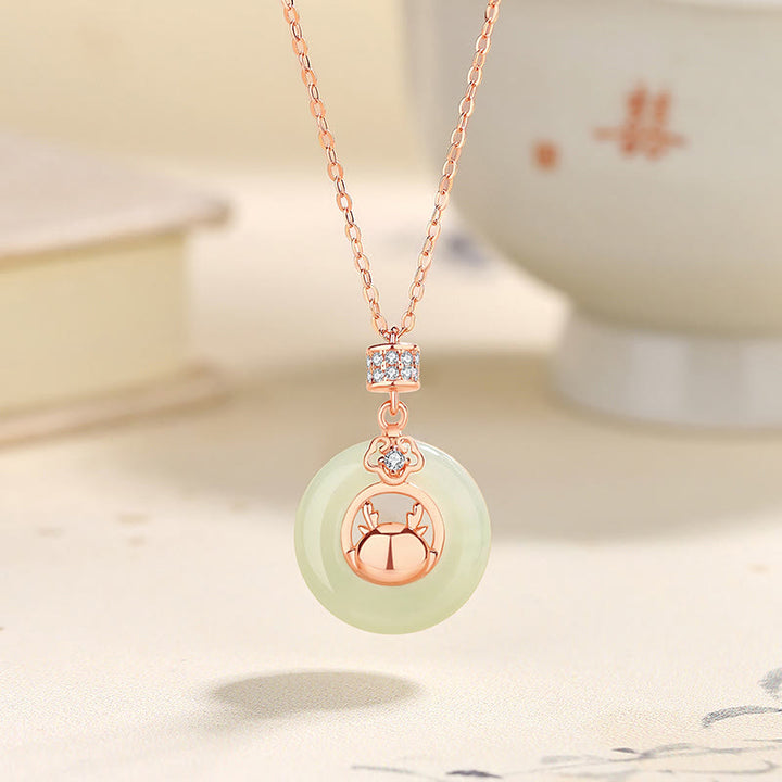 Buddha Stones 925 Sterling Silver Year of the Dragon Natural Hetian Jade Zircon Peace Buckle Protection Bracelet Necklace Pendant - Necklace - image 4