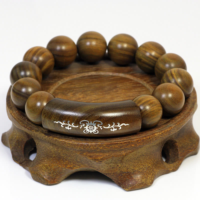 Buddha Stones 999 Sterling Silver Green Sandalwood Om Mani Padme Hum Dragon Phoenix Dharmachakra Inlaid Peace Bracelet - Dharmachakra - 15mm - image 13