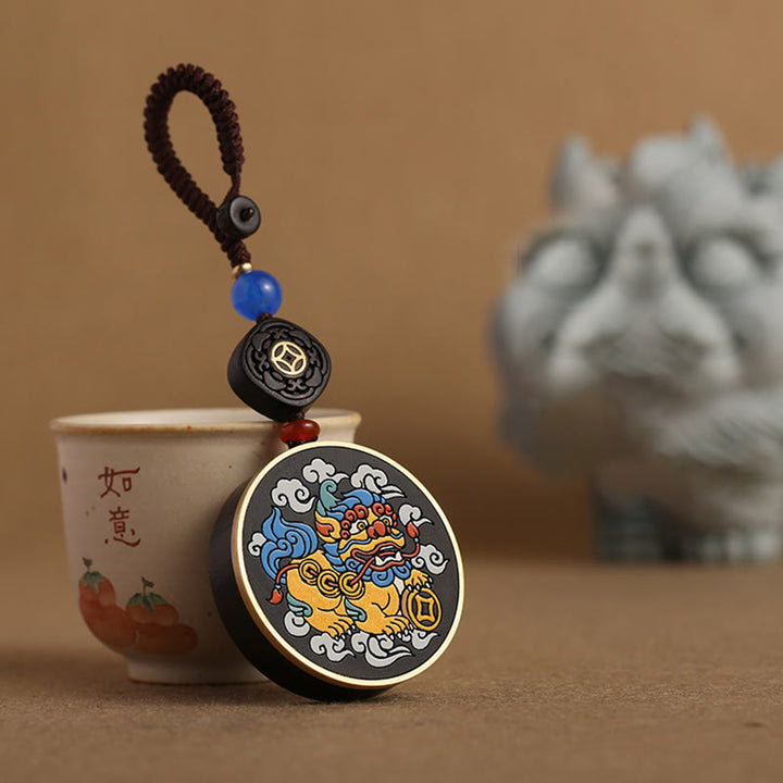 Buddha Stones PiXiu Copper Coin Ebony Wood Luck Attract Wealth Key Chain Decoration - image 5