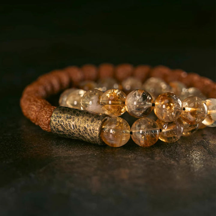 Buddha Stones Natural Citrine Crystal Rudraksha Bodhi Seed Brass Bead Prosperity Double Wrap Bracelet - image 7