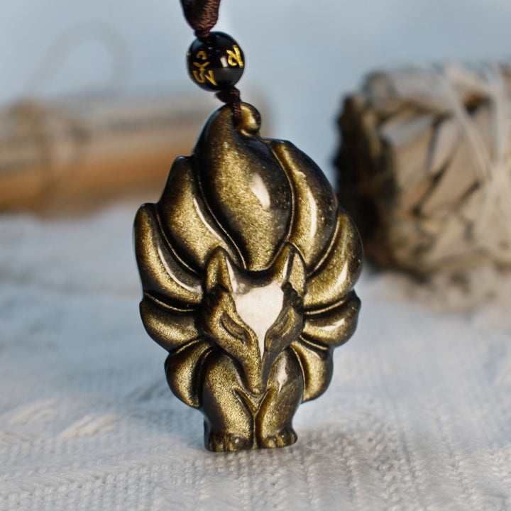 Buddha Stones Natural Rainbow Obsidian Gold Sheen Obsidian Nine Tailed Fox Positive Necklace Pendant - image 10
