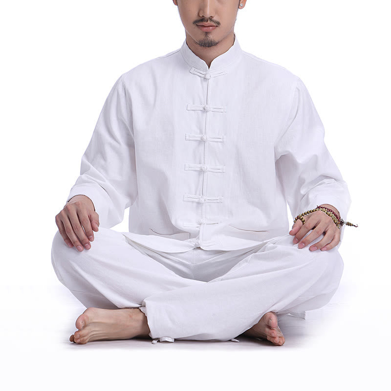 Buddha Stones Chinese Frog Button Design Meditation Prayer Cotton Linen Spiritual Zen Practice Yoga Clothing Men's Set - White(Long Sleeve) - US/UK/AU44，EU54 (3XL) - image 8