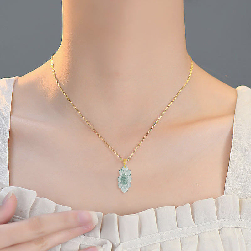 Buddha Stones 18K Gold Natural Jade Lotus Pattern Prosperity Necklace Pendant - image 5