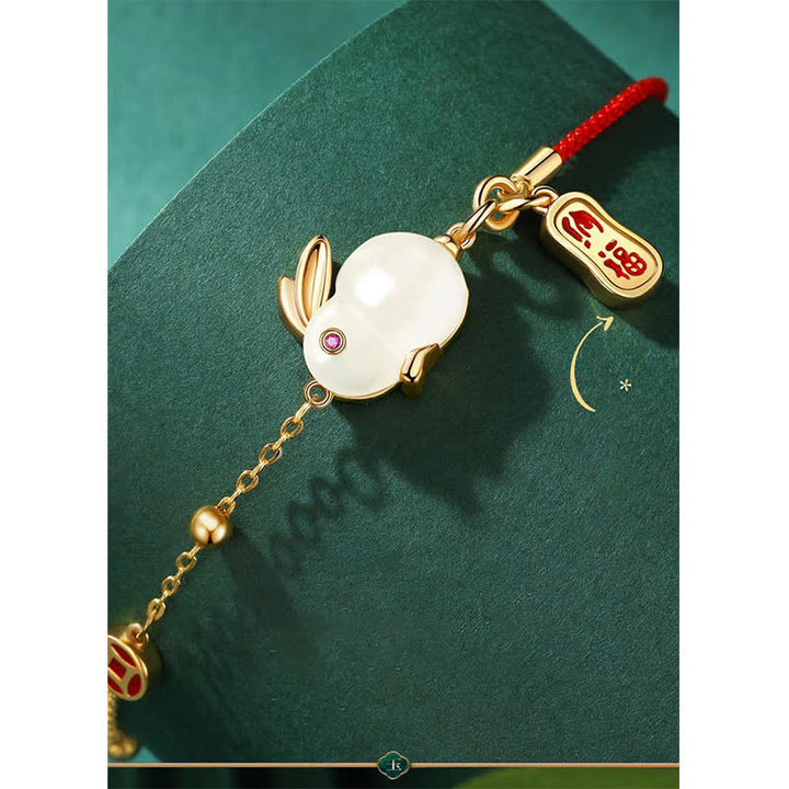 Buddha Stones Year of the Rabbit White Jade Happiness Red String Chain Bracelet - image 8