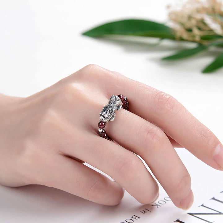 Buddha Stones 925 Sterling Silver Natural Garnet Moonstone Red Agate PiXiu Wealth Ring - image 4