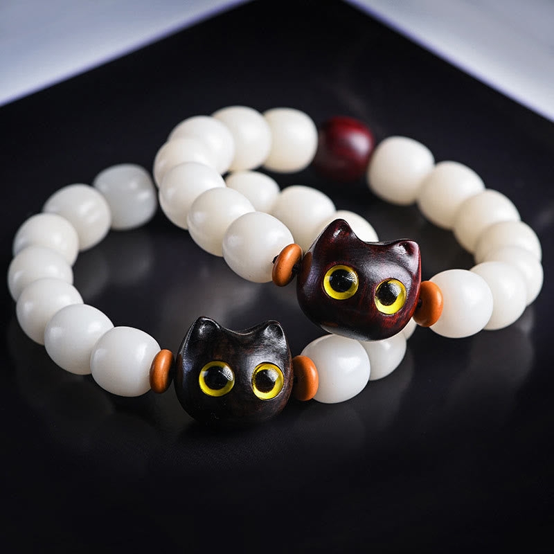 Buddha Stones Natural Bodhi Seed Small Leaf Red Sandalwood Ebony Wood Cute Lucky Cat Wisdom Bracelet - image 0