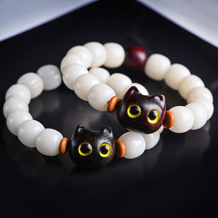 Buddha Stones Natural Bodhi Seed Small Leaf Red Sandalwood Ebony Wood Cute Lucky Cat Wisdom Bracelet - image 0