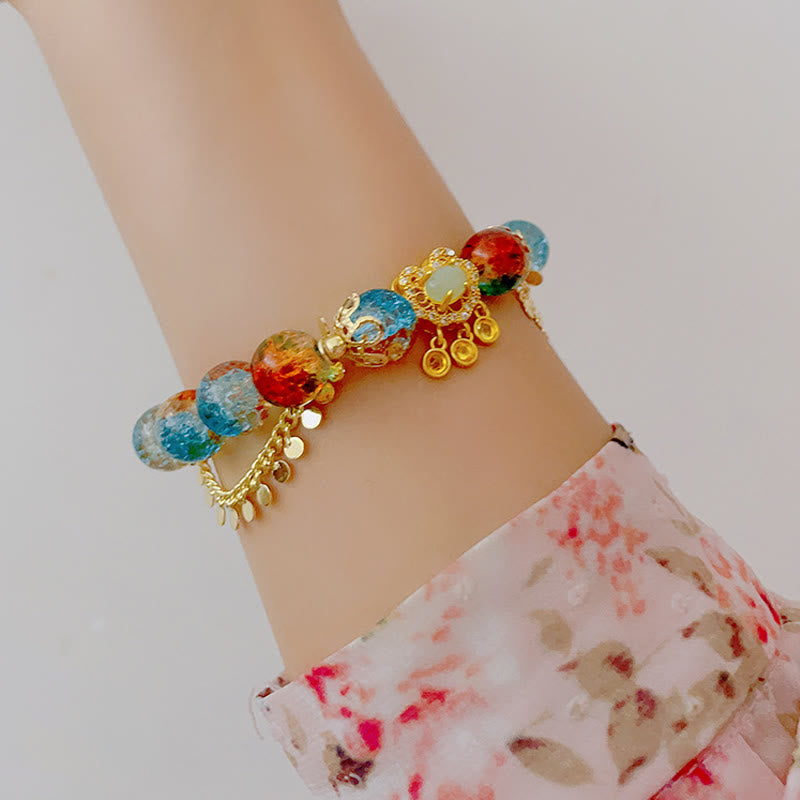 Buddha Stones Colorful Liuli Glass Bead Chinese Lock Charm Fortune Bracelet - image 5