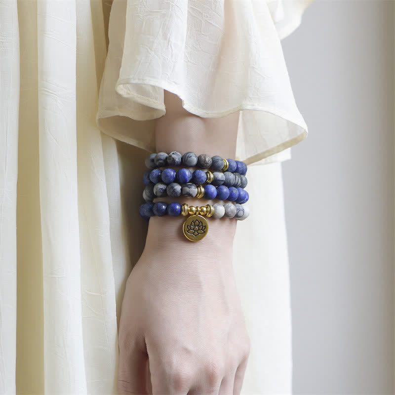 Buddha Stones Lazurite Picasso Jasper Amazonite Rhodonite Apatite Positive Lotus Prayer Bead Bracelet - image 1