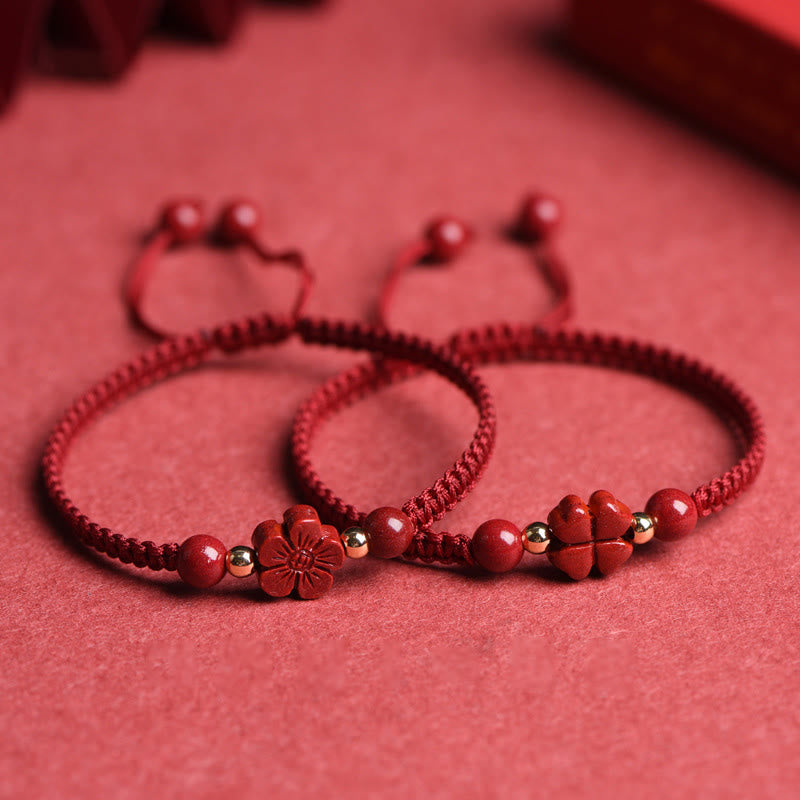 Buddha Stones Four Leaf Clover Five-petal Flower Cinnabar Blessing Red String Bracelet - image 1