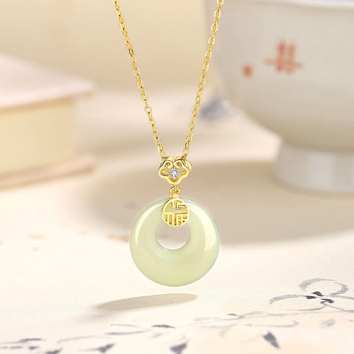 Buddha Stones 925 Sterling Silver Ginkgo Leaf Butterfly Rose Chalcedony Hetian Jade Peace Buckle Fu Character Harmony Necklace Pendant - Auspicious Cloud Fu Character Hetian Jade - image 11