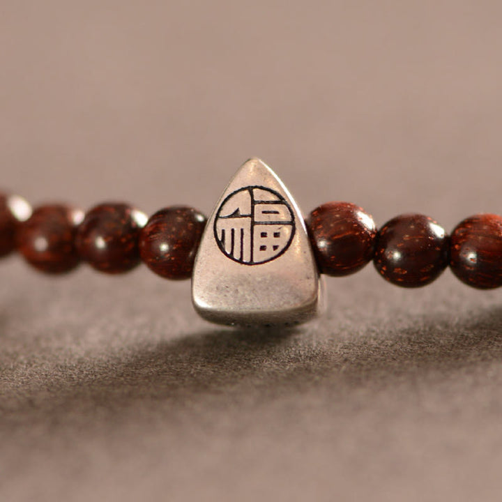 Buddha Stones 925 Sterling Silver Indian Small Leaf Red Sandalwood Fu Character Protection Triple Wrap Bracelet - image 5
