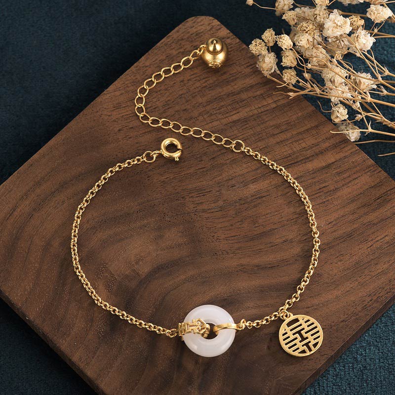 Buddha Stones White Jade Double Happiness Fortune Bracelet - image 1