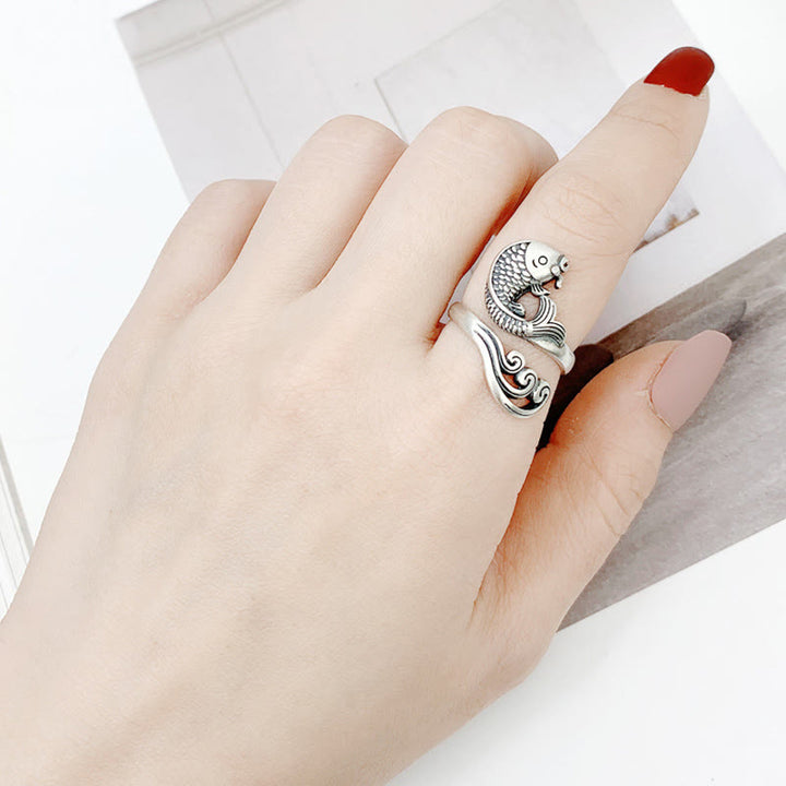 Buddha Stones 925 Sterling Silver Koi Fish Water Ripple Luck Wealth Ring - image 11