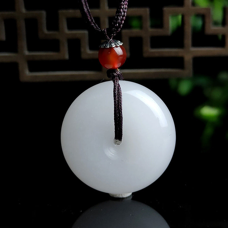 Buddha Stones Round Hetian White Jade Peace Buckle Blessing Necklace Pendant - image 6