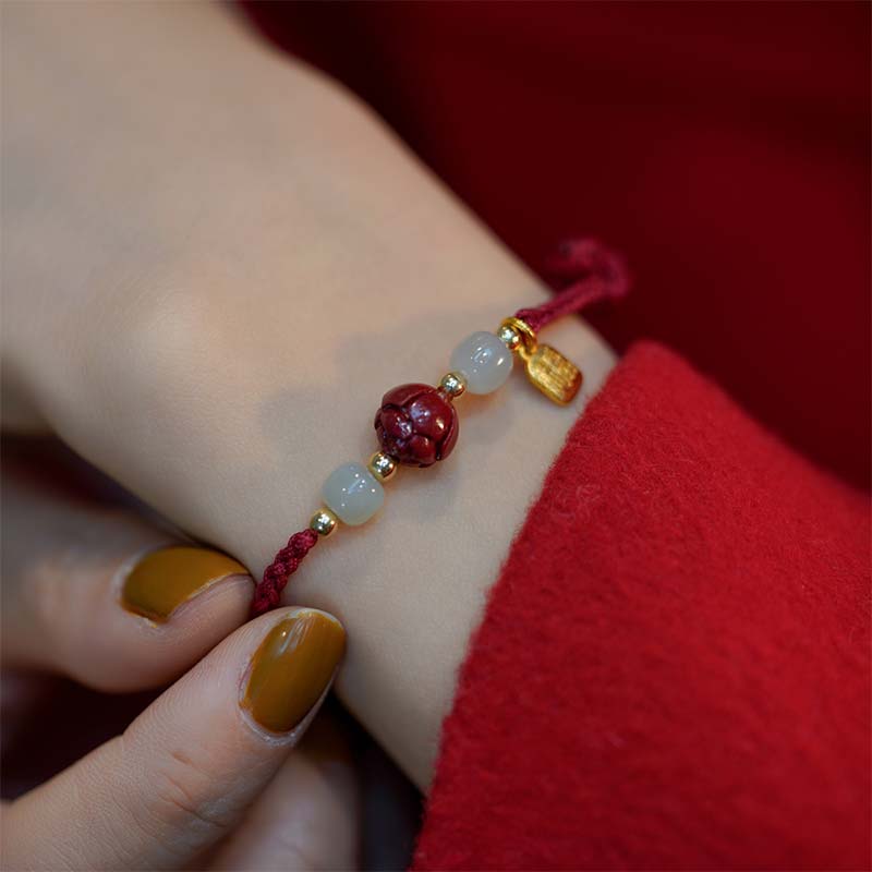Buddha Stones Cinnabar Jade Lotus Calm Red String Weave Bracelet - image 5