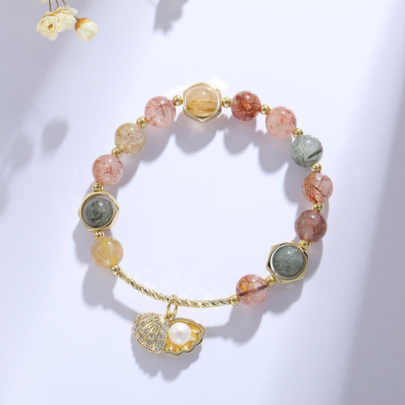 Buddha Stones Natural Colorful Rutilated Quartz Shell Protection Bead Bracelet - image 6