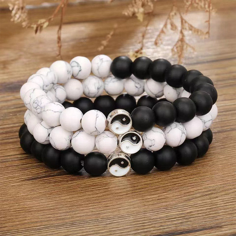 Buddha Stones 3pcs Natural White Turquoise Frosted Stone Bead Yin Yang Wealth Bracelet - image 1