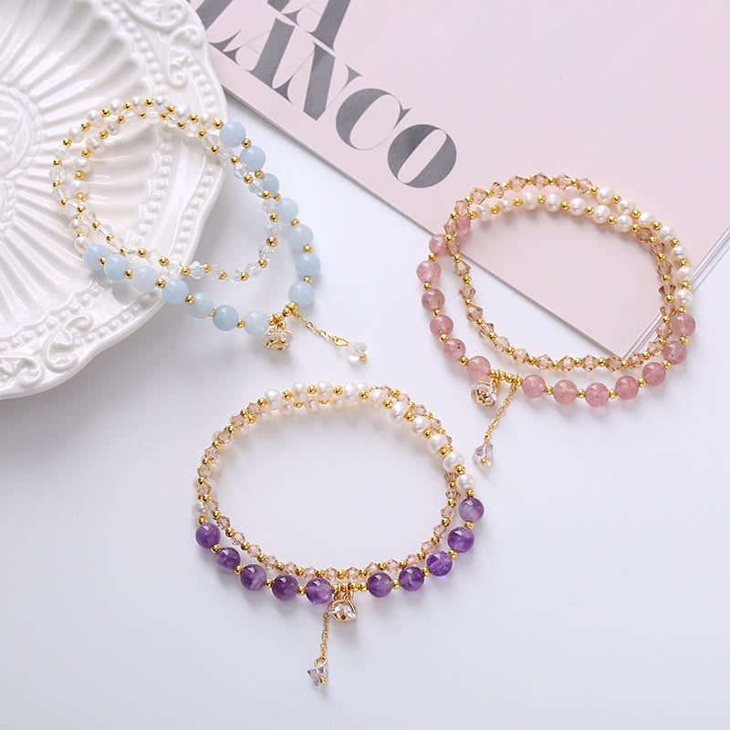 Buddha Stones Natural Amethyst Aquamarine Strawberry Quartz Pearl Peace Healing Double Wrap Bracelet - image 1